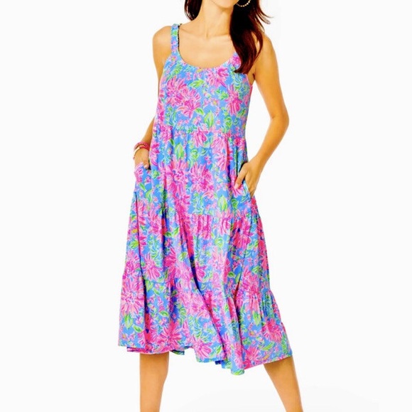 Lilly Pulitzer XXS Floral Cotton Midi Dress Pockets Summer Resort Palm Beach - Picture 6 of 11